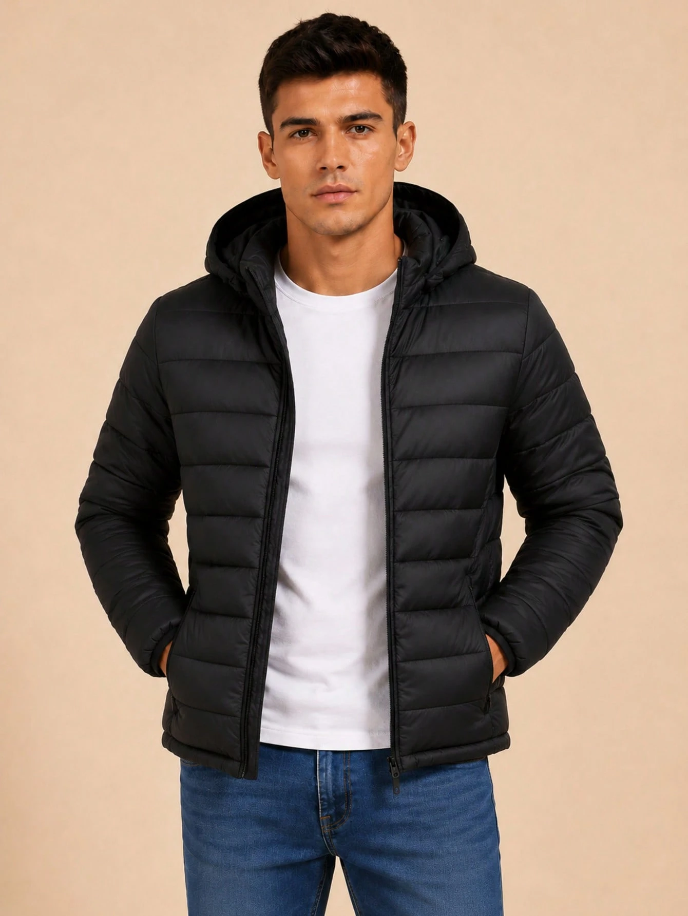 Jaqueta Puffer Antártica preta com capuz removível