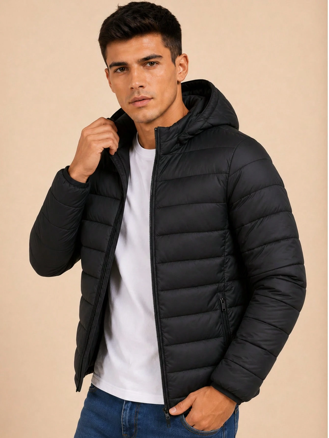 Modelo com capuz, detalhe